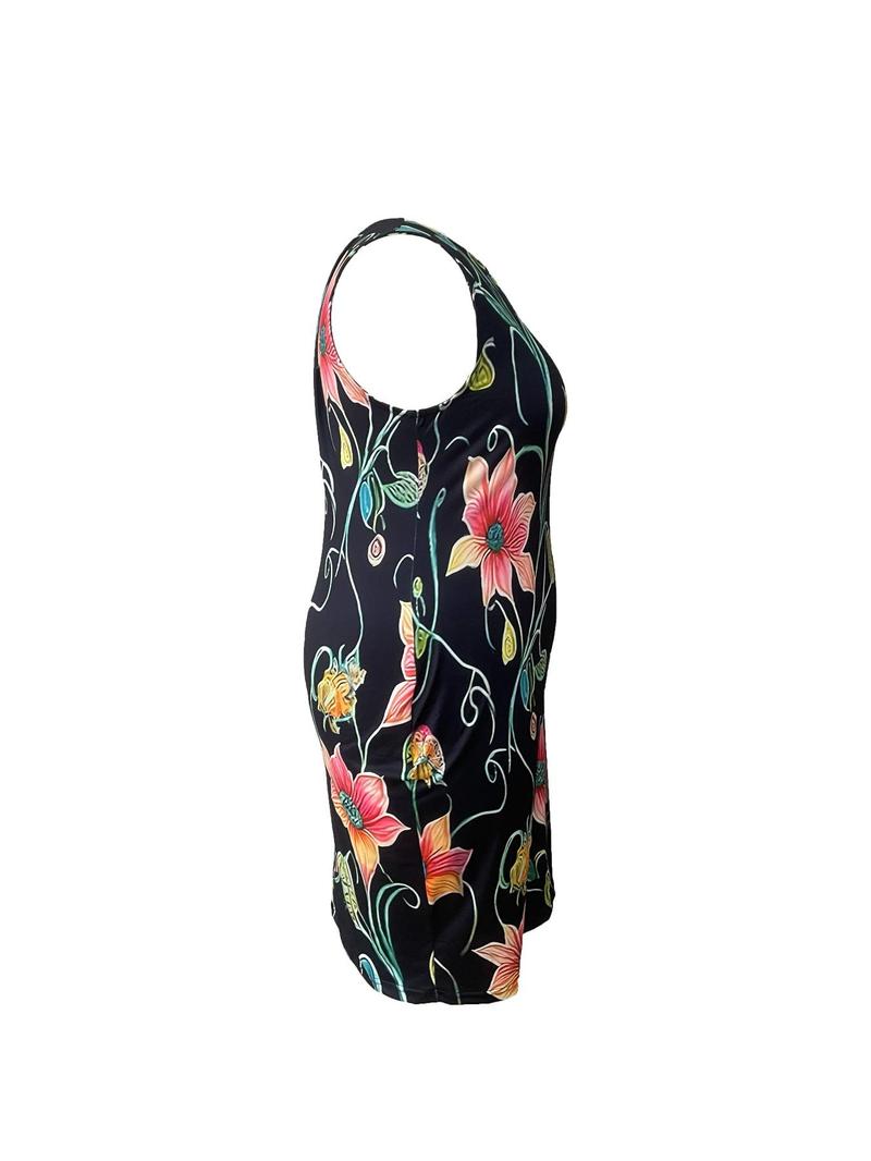 Product Introduction of 【Plus Size】 All Over Print Round Neck Dress, Elegant Fashion Casual Crew Neck Short Dress for Daily Outdoor Wear, Women Plus Clothing for All Seasons 3