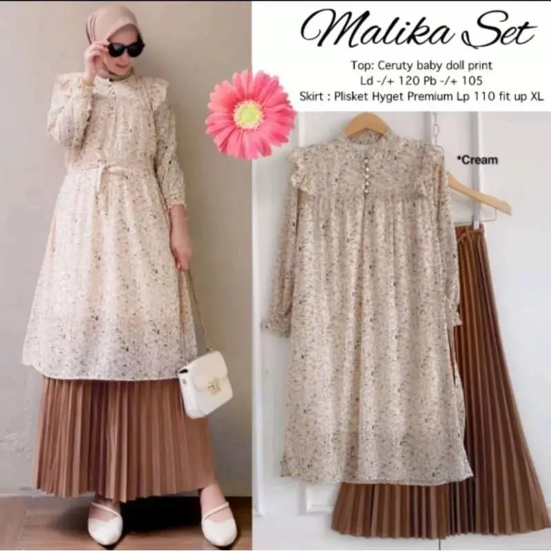 GAMIS SETROK OHAYA SATU SET MIDI DRESS DAN ROK PLISKET KLOK AMITHA SORA 1