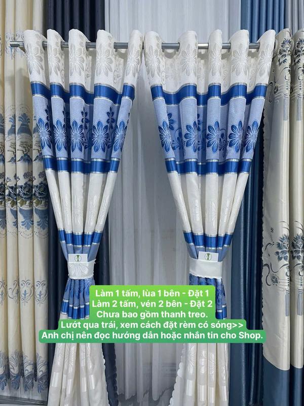 Gấm Hoa Văn Màu Xanh Hoa phối Trắng - Giá Của 1 Tấm Rèm Căng Thẳng (Chưa Bao Gồm Thanh Treo) Sợi Vải Polyester 2 Lớp Cản Nắng Cản Sáng 70% Bền Màu Thích Hợp Không Gian Ít Nắng