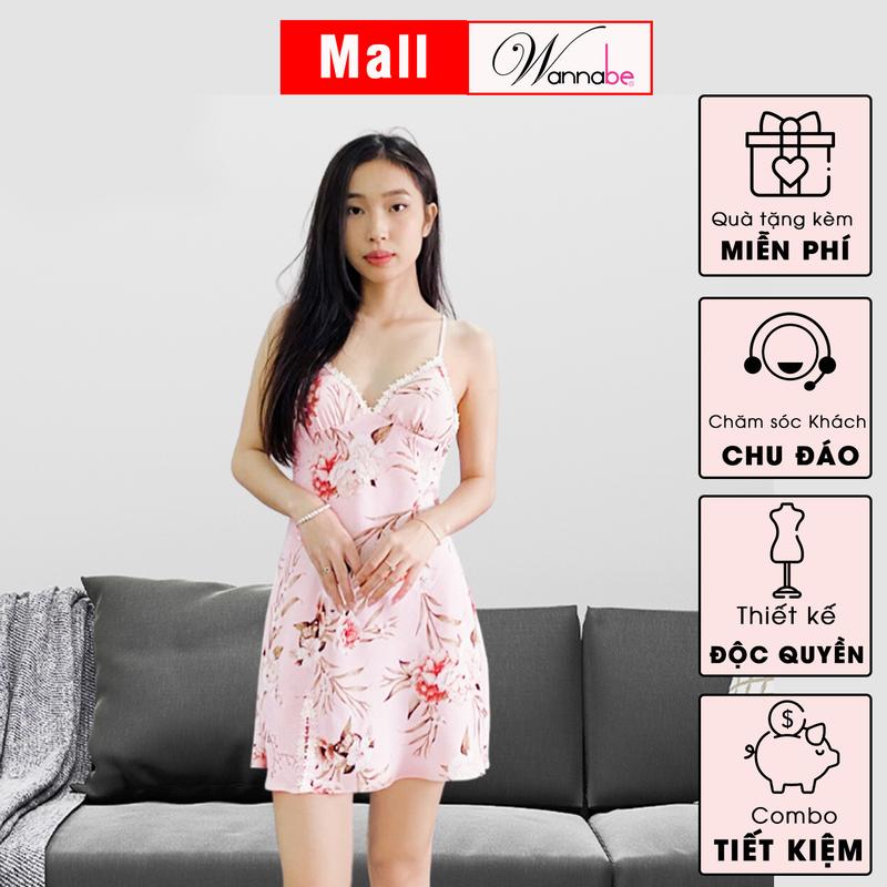Đầm ngủ WANNABE váy ngủ 2 dây cúp ngực lót mút mỏng tạo dáng cho người mặc in hoa ngọt ngào nữ tính quyến rũ Dress DNS71
