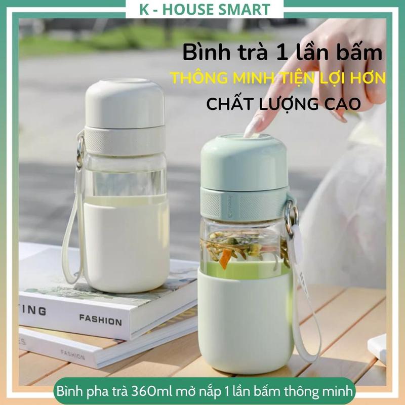 Bình pha trà thuỷ tinh có lọc trà nắp mở thông mình 1 nút bấm bình thuỷ tinh có bọc bảo vệ pha trà chịu nhiệt độ cao