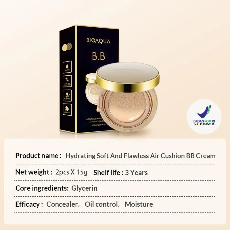 【BPOM】BIOAQUA Hydrating Soft And Flawless Air Cushion BB Cream all day concealer foundation makeover color corrector with refill 7