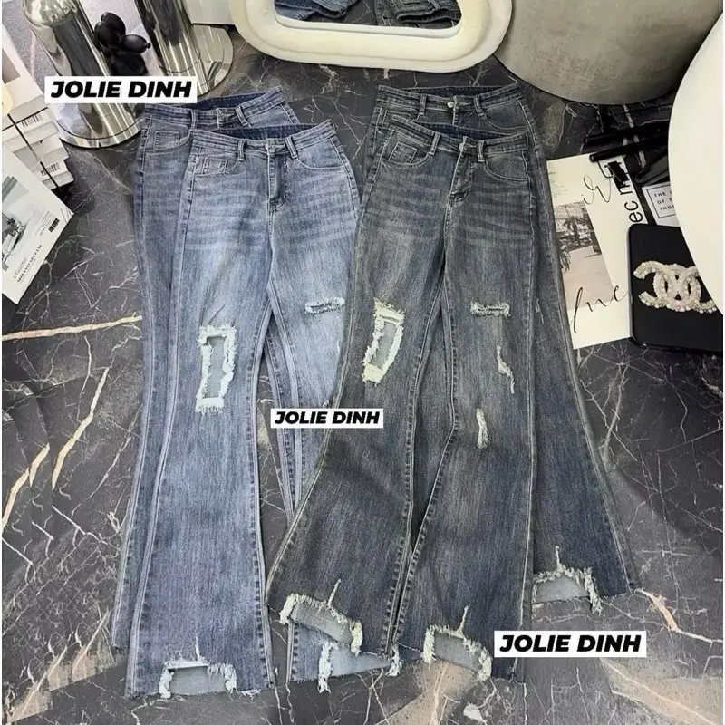 [JHDL01] QUẦN JEAN DÀI ỐNG LOE RÁCH GỐI - RÁCH LAI KIỂU, CẠP CAO, VẢI CO GIÃN LÊN FORM CHUẨN // TAP QUA JOLIE DINH
