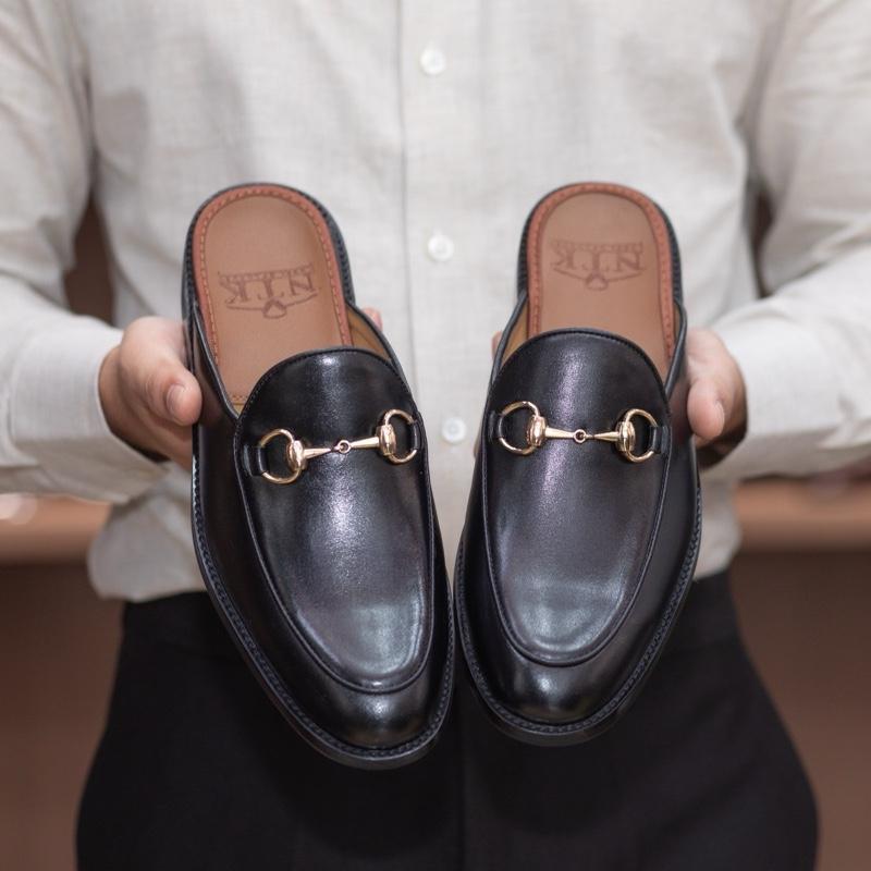 Sục Da Nam horsebit Shoes Màu Đen đế gỗ phíp mckay