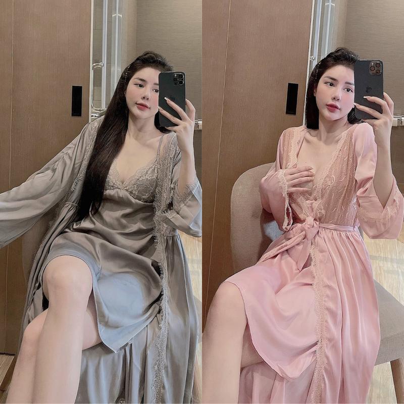 Đầm ngủ 2 dây phối ren mi kèm áo choàng dài chất vải Lụa latin Cao Cấp Freesize - Nữ Kem Women