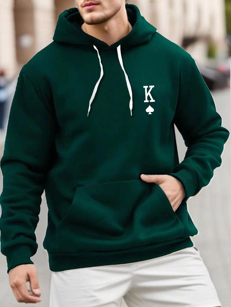 Product Introduction of Men's "K" Letter Print Pocket Drawstring Hoodie, Regular Fit Casual Drop Shoulder Long Sleeve Hooded Sweatshirt, Men's Fall & Winter Clothes 7