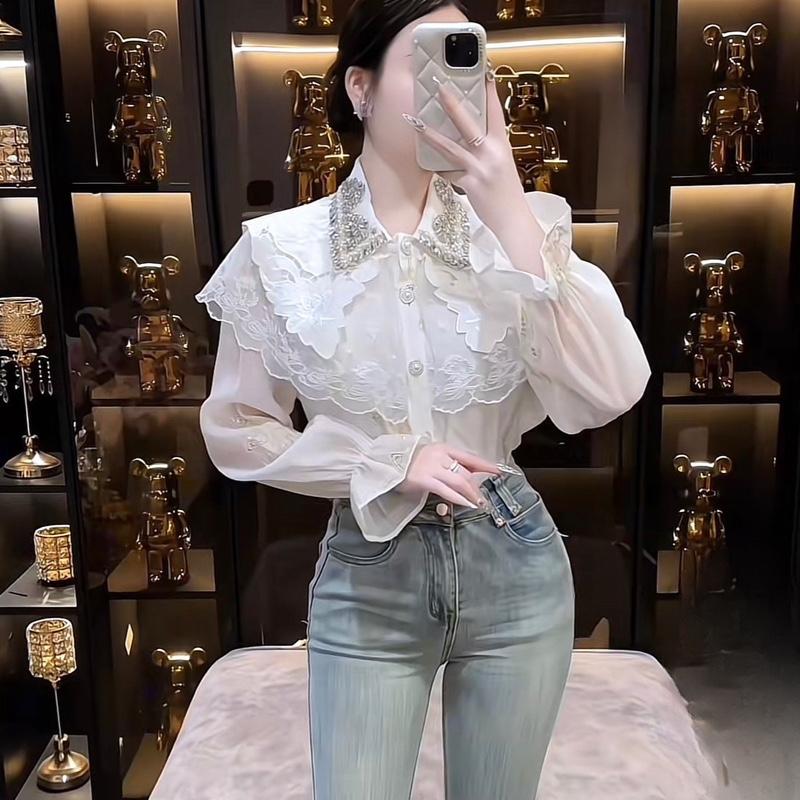 Áo sơ mi cổ đá phối ren tầng siêu cấp QC