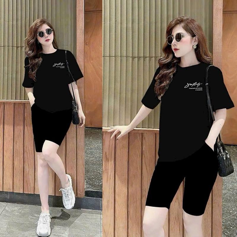 Sét bộ đồ nữ áo cotton khô in chữ ký mix quần lửng thun thái form 40-60kg 2