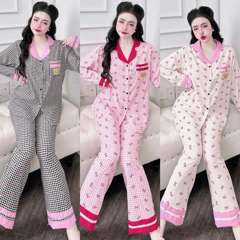 Đồ ngủ bigsize tay dài quần dài  chất luạ hàn mềm mát bigsize 50 đến 100kg lưng mặc pijama  lụa cổ pijama  lụa mango sen bộ