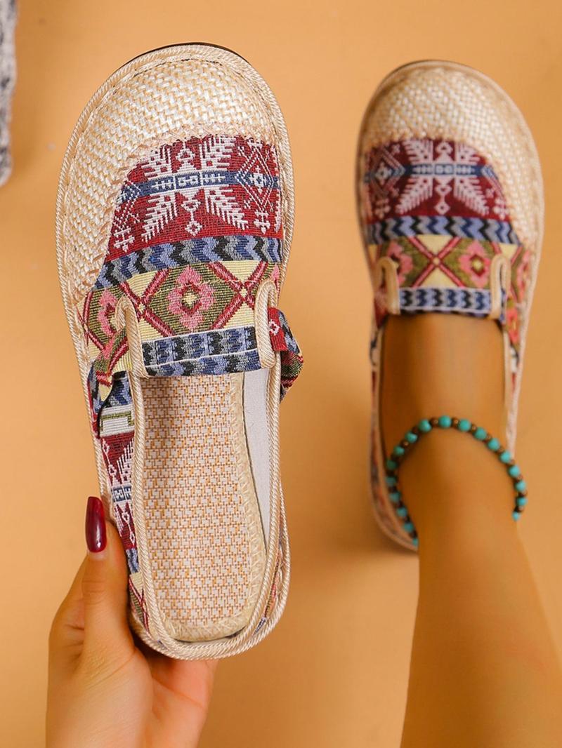 Product Introduction of Colorful Ethnic Pattern Braided Slip on Flats, Lightweight Round Toe Shoes for Daily Wear, Breathable Shoes for Daily Wear 8