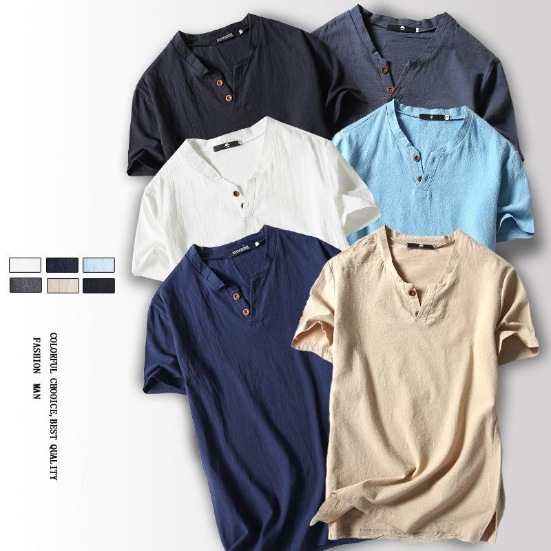 Men's Plain Shirt V-neck Tshirts Japanese Harajuku Cotton Linen With Buttons Csual Short Sleeves White T shirt  Big Size 4XL 5XL 4