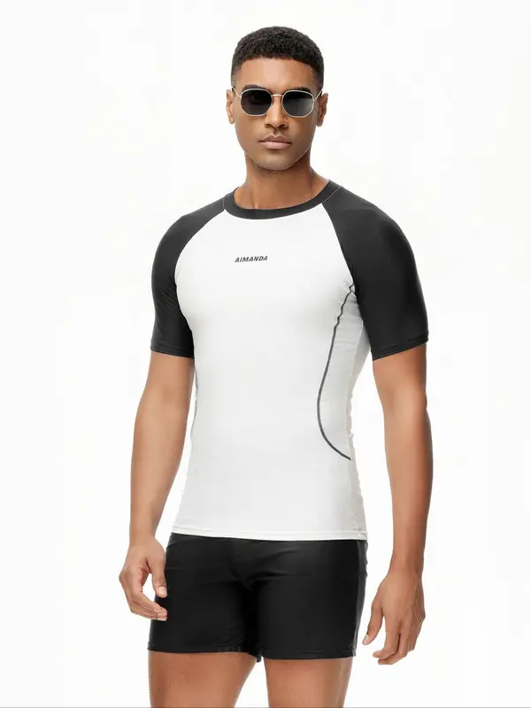 Two-Piece Set Men Swim Trunks, Men's Colorblock Raglan Sleeve Beach Set, Sporty Short Sleeve Tee & Elastic Waist Shorts Set, Quick Drying Swimwear Set, Beach Swimsuit Set for Men 0