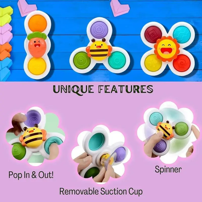 Baby Suction Cup Spinning Top Bath Toy, 3 Counts Colorful Spinning Top Toy, Birthday Gifts, Sensory Toys, Interesting Toys, Fidget Toys 7