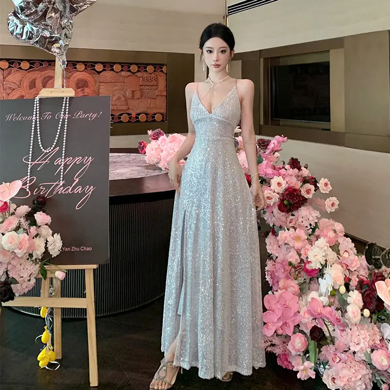 korean birthday party dress Korean Women Evening Dress Mesh Glitter Bright Silk Sexy Strap Backless Skinny Midi Party Gown Birthday Stretchy Mujer Vestidos