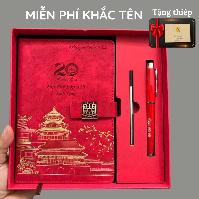 (Quà tặng ý nghĩa) Set quà tặng Sổ tay Bút ký ghi chép da PU +túi hộp sang trọng thanh lịch hội nghị 200 trang giấy 80 gsm - B202