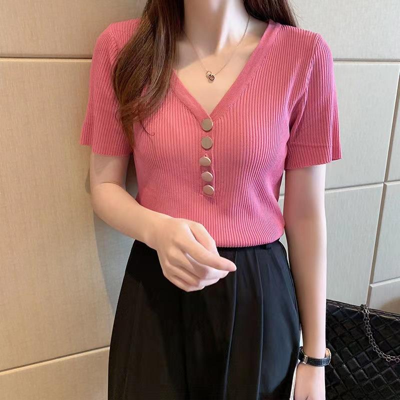 เสื้อยืดแขนสั้น คอวี สไตล์เกาหลี สําหรับผู้หญิง ทรงสลิมฟิต วัสดุผ้าไหม ...
