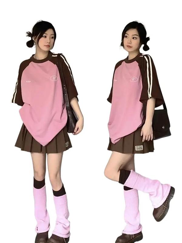 Top Áo phông tay lỡ Cotton Su nam nữ SAM CLO thun form rộng dáng Unisex Màu Hồng - Áo Thun Cổ Tròn Women  Ulzzang áo cặp, áo nhóm, áo lớp phối sọc tay in chữ RIDGE