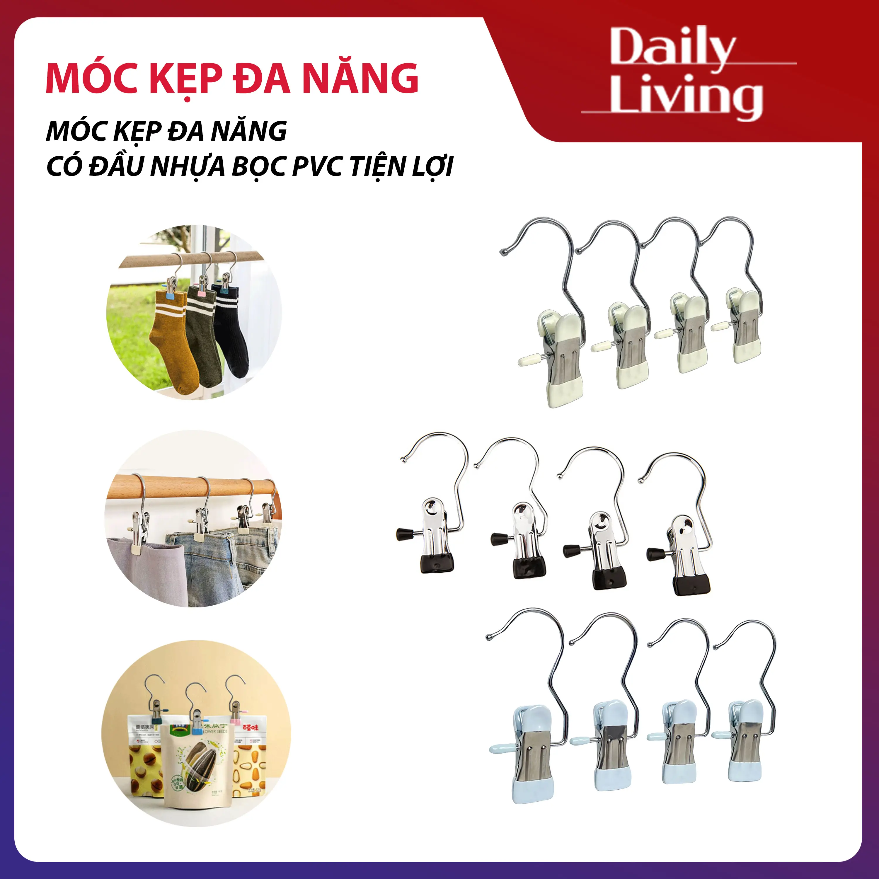Combo Móc Kẹp Đơn Treo Quần Áo Mũ, Nón, Tất, Vớ Bằng Inox Không Gỉ Móc Kẹp Đồ Bọc Nhựa PVC Chắc Chắn Tiện Lợi Dễ Dàng Sử Dụng