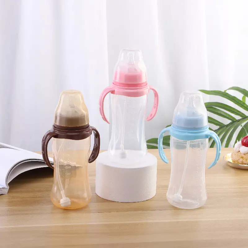 Bình Sữa Trẻ Em Bé PP, Miệng Rộng, Có Tay Cầm Và Ống Hút, Thích Hợp Cho Trẻ Sơ Sinh Lớn, Chống Sốc Bằng Nhựa, Không Chống Sặc, Hàng Mới Về