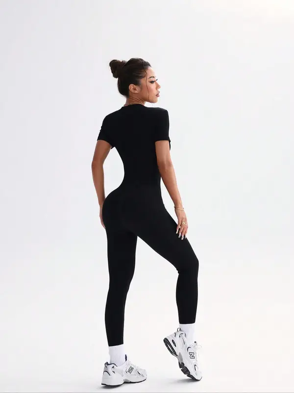 Women's Solid Zip Up Sports Jumpsuit, Sporty Long Sleeve Bodysuit for Yoga Gym Workout, Ladies Sportswear for All Seasons 1