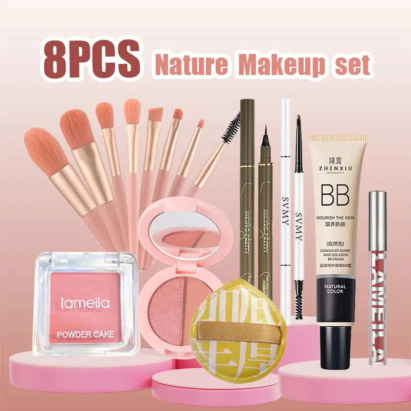 8Pcs All Makeup Set Foundation+Eyeshadow+Mascara+Eyeliner+Eyebrow Pencil+Lip glaze+8Pcs Brush+Powder Puff Waterproof Long Lasting Flawless Setting Face Makeup Kit
