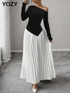 YOZY Women's Colorblock Patchwork Pleated Asymmetrical Neck A Line Dress, Casual Long Sleeve Dress for Spring & Fall, Women's Clothing for Daily Wear