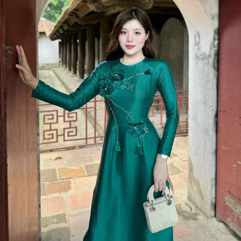  Áo dài nữ thiết kế lụa vân gỗ đính hoa nổi  ÁO XANH QUẦN TRẮNG  - MÃ TK126 Nữ Women Dress 
