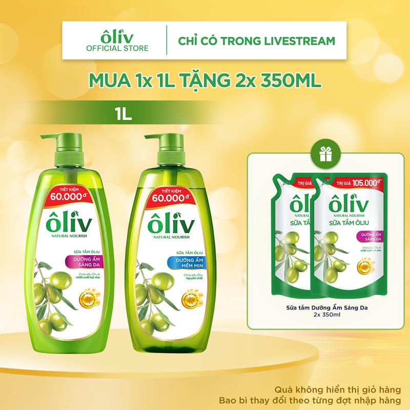 Combo Sữa Tắm Ôliv 1L + Tặng 2 Túi Sữa Tắm Oliv Dưỡng Ẩm Sáng Da 350MLx2