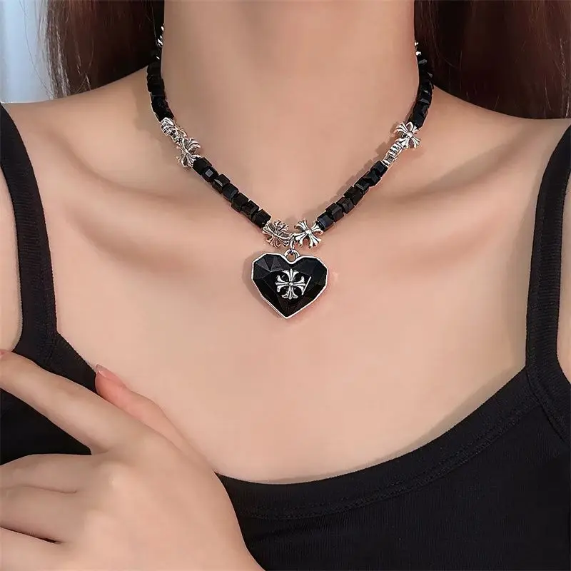 Vòng Cổ Đính Cườm, Phong Cách Cô Gái Ngầu Ngọt Ngào Dành Cho Phụ Nữ, Vòng Cổ Choker Dây Chuyền Xương Đòn, Phụ Kiện Cao Cấp, Thiết Kế Trái Tim Đen, Hàng Mới Về Jewelry Trang Sức 2