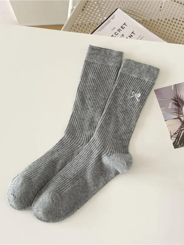 Women's Bow Embroidery Mid-calf Socks, Casual Comfortable Breathable Socks for Daily Wear, Women's Socks for All Seasons 5