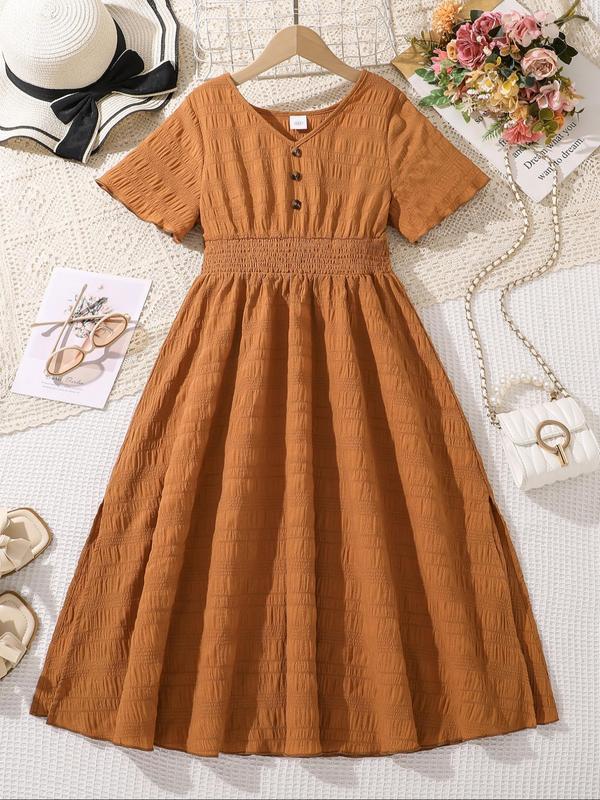 Girl's Solid Color V Neck  Dress, Casual Short Sleeve A Line Dress for Summer, Kids Clothes for Daily Wear 0