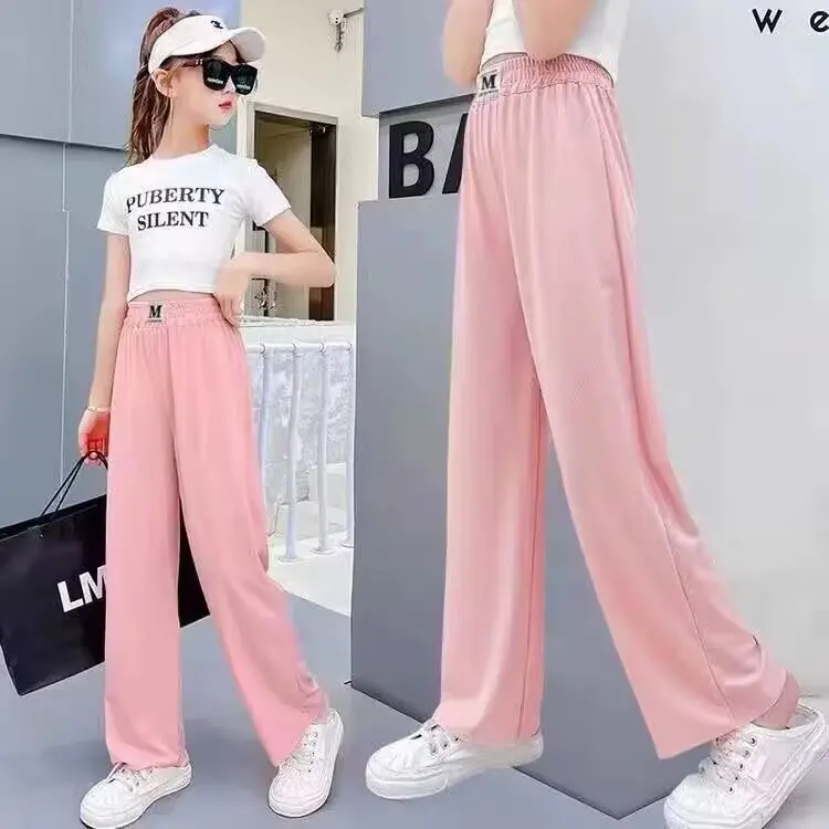 Quần Bé Gái, Mỏng Mùa Hè, Chất Liệu Lụa Lạnh Quần Ống Đứng, Thích Hợp Cho Trẻ Em, Quần Chống Muỗi, Quần Ống Rộng Dáng Rộng Cho Bé Gái 2