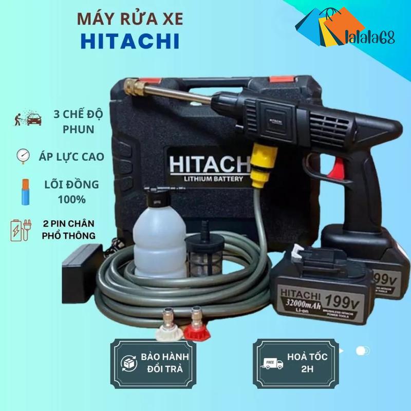 Máy Rửa Xe Cầm Tay HiTaChi 199V 2 Pin - Xịt Rửa Xe Áp Lực Cao, Sân Vườn, Bình Tạo Bọt Tuyết Tiết Kiệm Nước - Lau Xe (Bảo Hành 12 Tháng) mayru axecongnghiep