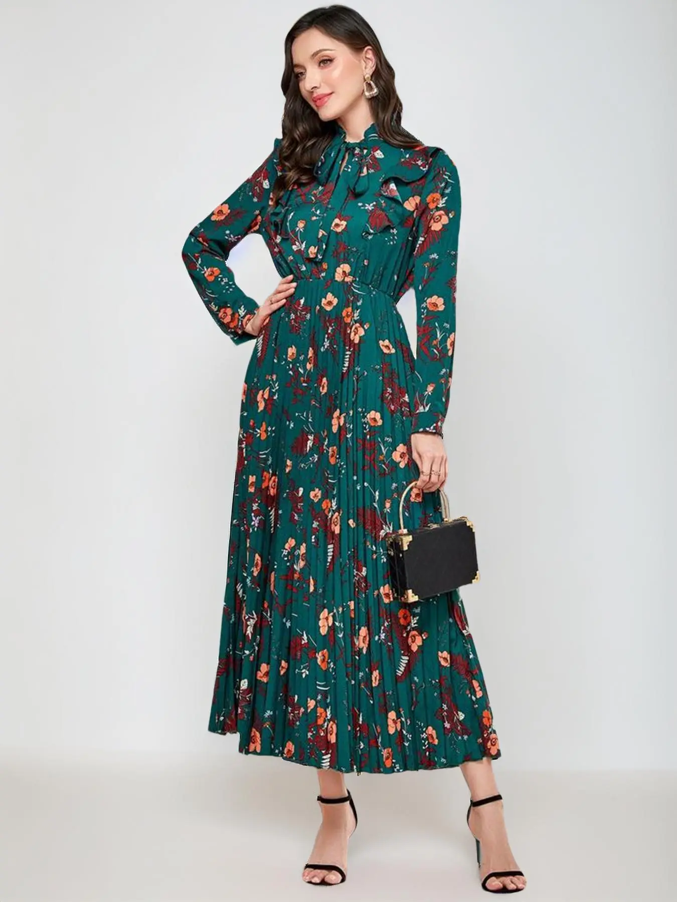 Women's Floral Print Tie Neck Ruffle Trim Pleated Dress, Holiday Dresses, Boho Long Dresses for Spring & Fall