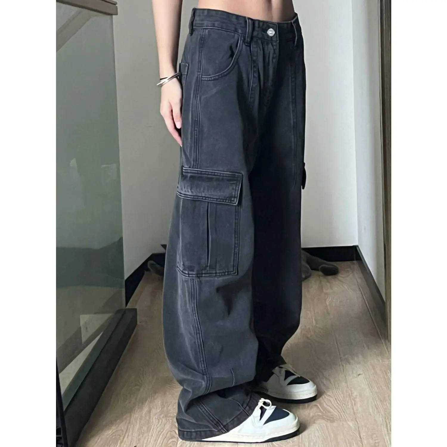 y2k American Workwear Pants American Workwear Mop Jeans Women's Autumn Black Gray High Waist Straight-Leg Shorts Loose Slim-Fit Wide-Leg Pants Tide Lingerie