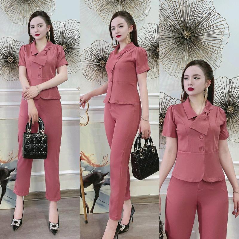 Bộ công sở màu nâu tay ngắn trượt hàn quốc, chất liệu vải loại một cho nữ - Áo, kiểu vét cổ nơ 4
