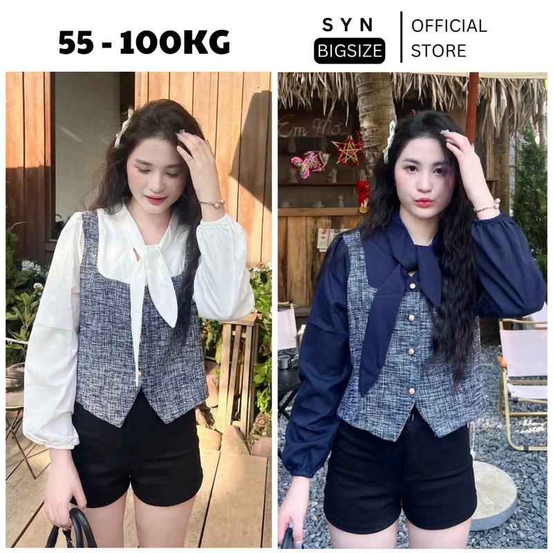 Áo sơ mi bigsize nữ cổ nơ tay dài phối dạ kiểu dáng Hàn Quốc siêu xinh SYN BIGSIZE