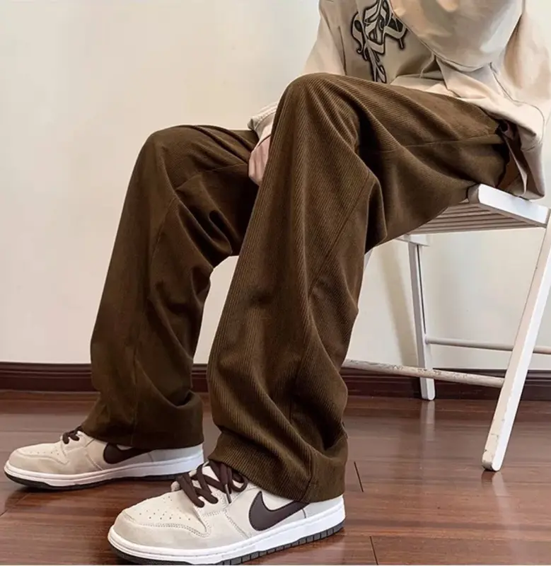 Quần ống rộng nam DOLARO nhung tăm lưng thun kèm dây rút bản lớn Menswear Kem 1
