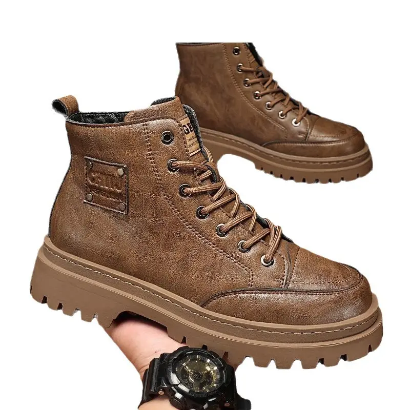 Kasut kulit kalis air untuk lelaki, kasut sukan pertengahan Baju, Retro, British, but pekerja mendaki gunung luar, musim luruh