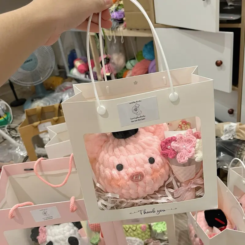 Set gấu bông tốt nghiệp heo len handmade kèm bó hoa mini handmade 1