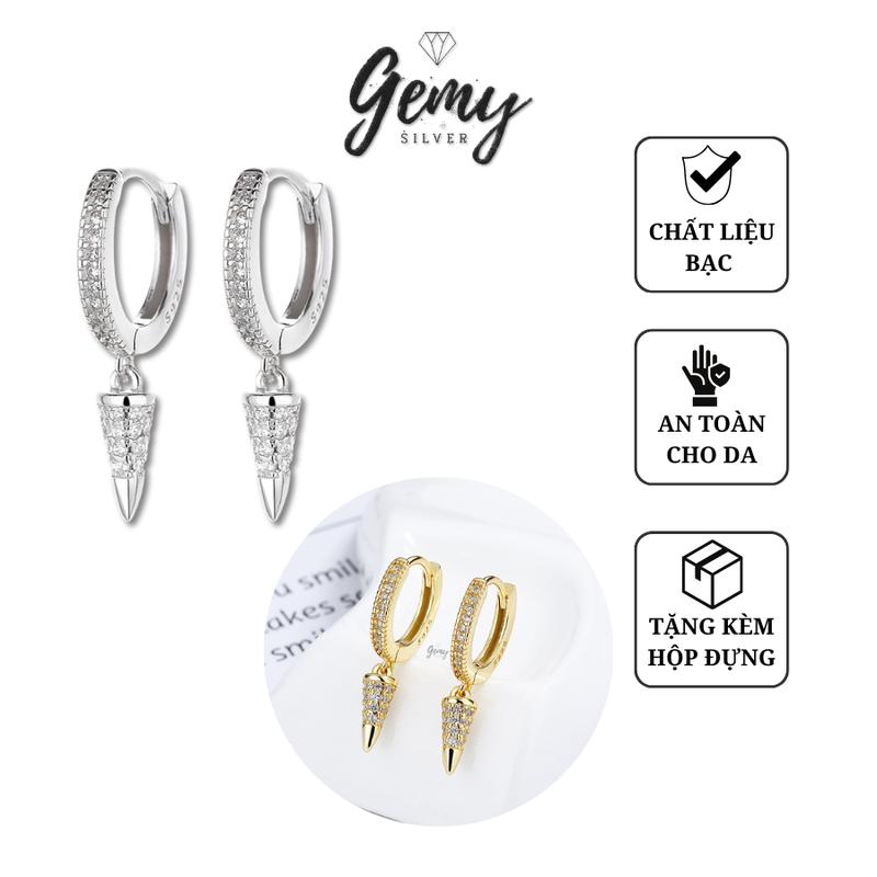 Khuyên tai tròn nam bạc 925 mũi đinh đính đá mạ vàng 14k (1 chiếc) | GEMY SILVER KN131