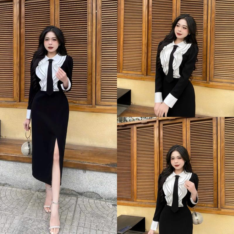 S49 - Váy thiết kế Evii dành cho nữ, Đầm thiết kế cổ đức phối bèo trước ngực (tặng kèm cavat )dáng bút chì xuông có xẻ trước phù hợp đi làm, đi chơi và dự tiệc. Có Bigsize Women Dress