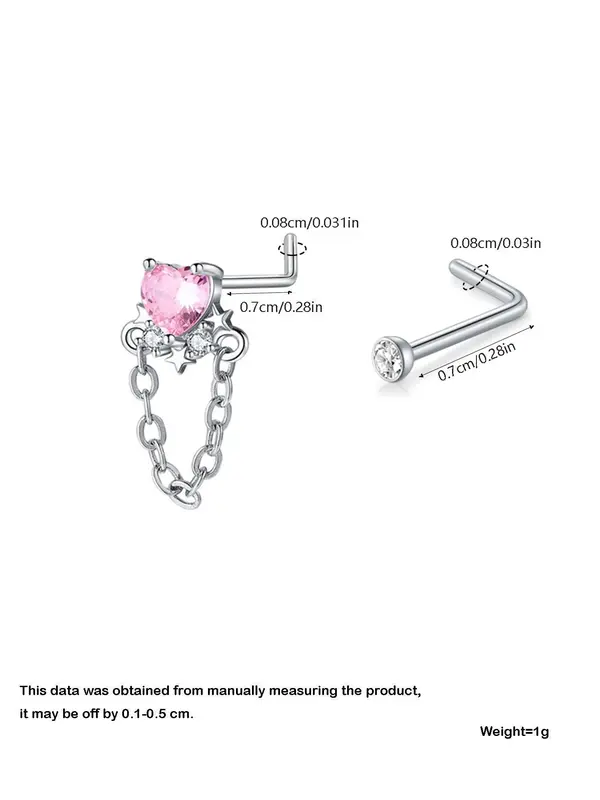 Cute Heart & Butterfly Decor Nose Stud, Stainless Steel Nose Stud Ring Set, L Shape Nose Studs, Spiral Nose Screw Stud Pack, Different Size Nose Ring Set 1