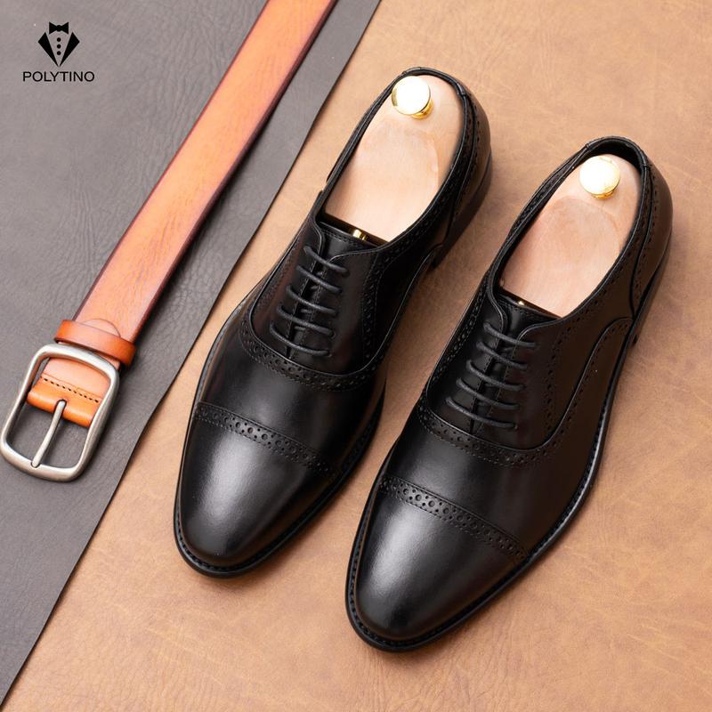 Giày Tây Nam Công Sở Oxford 0169 POLYTINO Giày Cưới Da Bò Cao Cấp Đế Gỗ Cao Cấp Tặng Chiều Cao Bảo Hành 12 Tháng