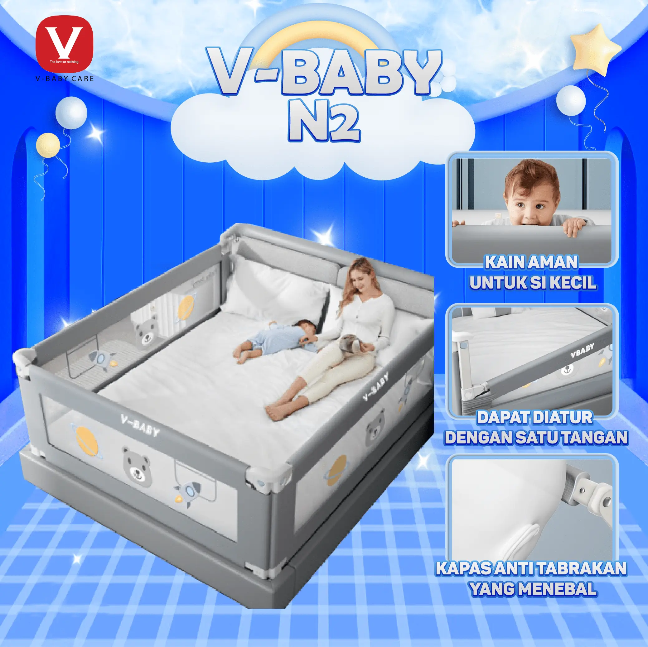 V-BABY CARE babyBedrail Baby Bed Rail Safety Guard Bedguard Fence Extra Tall Pembatas Pengaman Pagar Kasur Bayi Tempat Tidur Bayi Ranjang Anak Bayi Box Bayi Fence Tinggi 105 CM/VBABY-N2