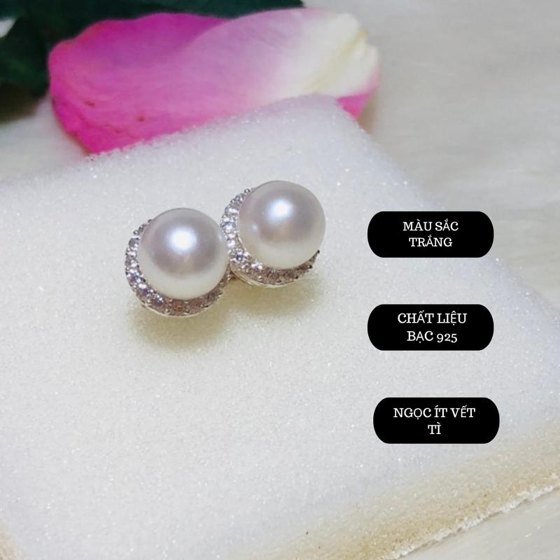 Bông tai ngọc Bán cầu 8-9li màu Trắng Kiểu một dòng xoàn 2