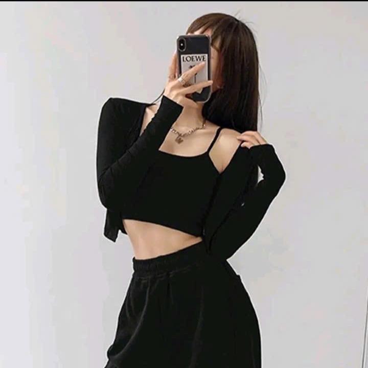 Sét Áo Hai Dây + Áo Khoác Cardigan Dáng Croptop Chất thun gân mềm mịn 4