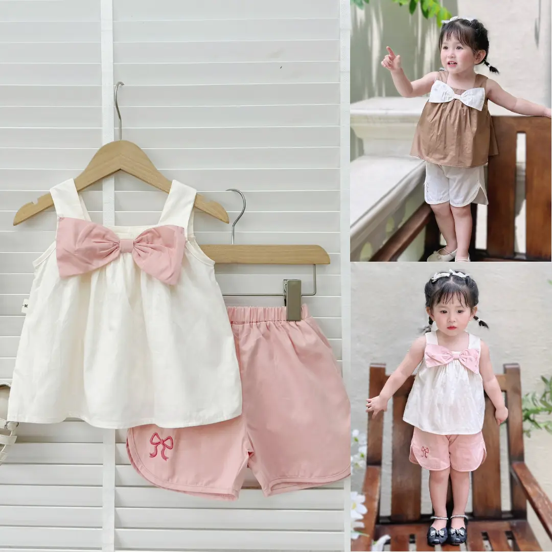 Set Bộ Quần Áo Sát Nách Nơ Ngực Quần Thêu Chất Thô Mềm Cho Bé Gái từ 9-26 kg