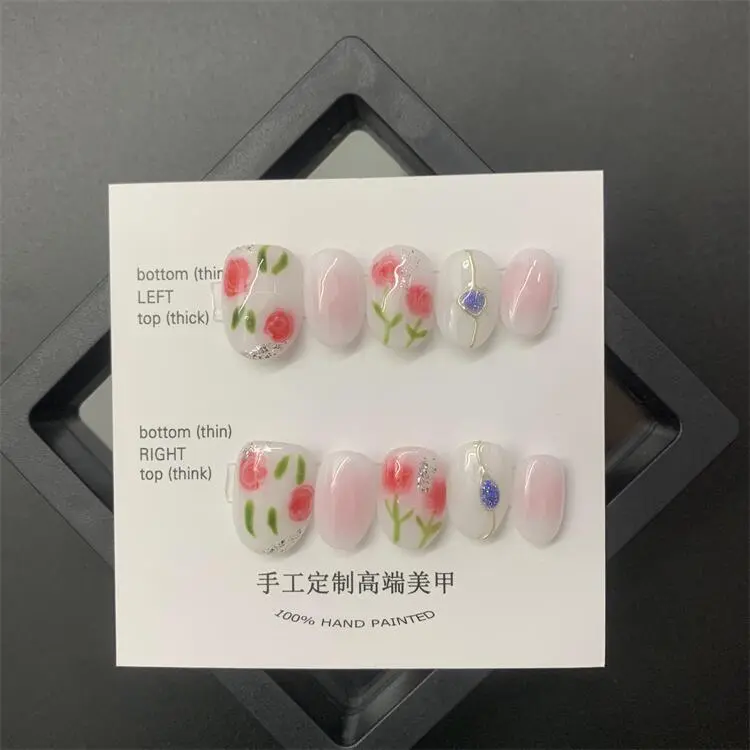 10pcs Romantic Sequined  False Nails Floral Print Pastel Round Nails Handmade Removable Press On Nails Swirl Lines 2025 New Nails