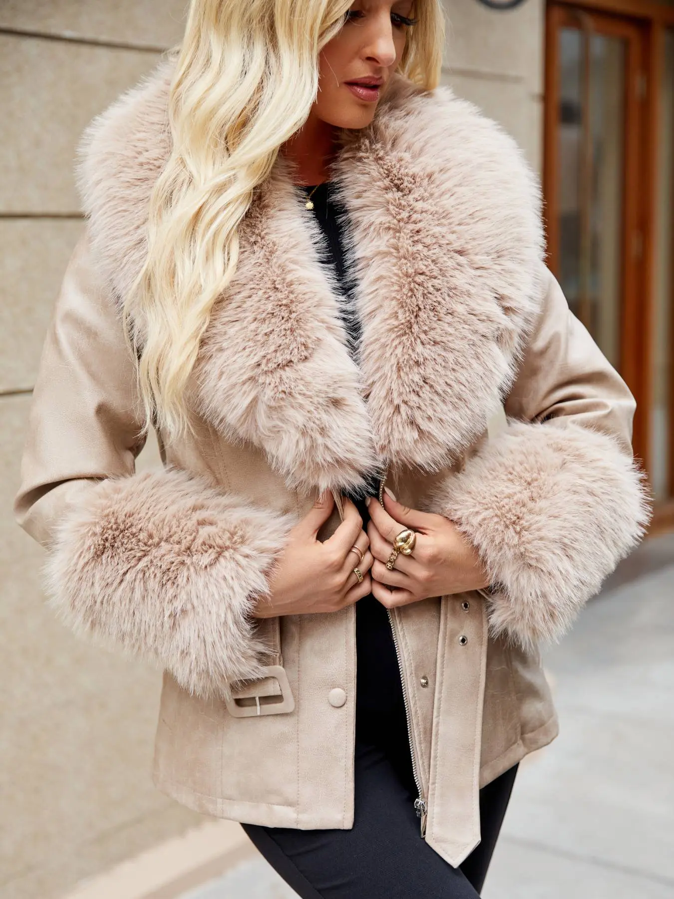 Women's Solid Color Faux Fur Trim Jacket with Belt, Casual Long Sleeve Outerwear for Fall & Winter, Ladies Clothes for Daily Wear